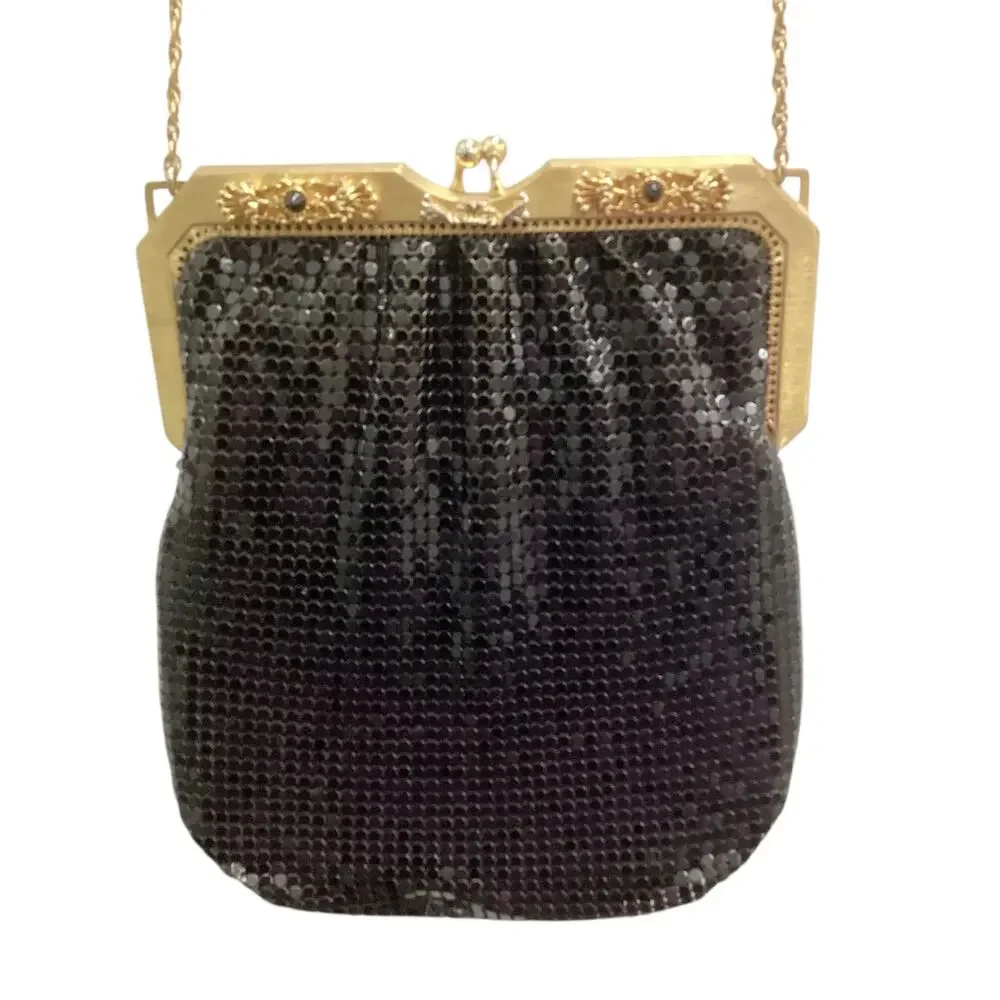 Vintage Whiting & Davis Purse Gold Hardware/ Chain Shiny Black Beautiful!